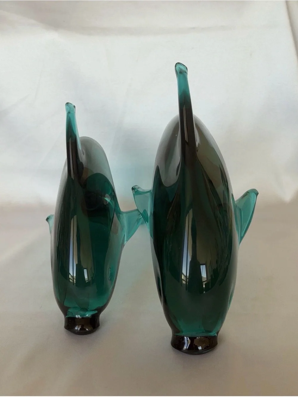 Vintage Green Art Glass Dolphin Figurines 10.5” & 8.5” Handmade Style – Set of 2